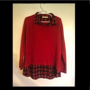 Red Sweater Tunic with attached Buffalo Plaid